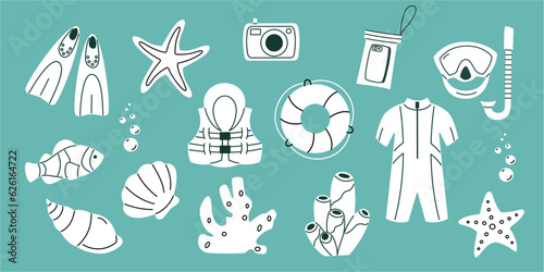Summer family vacation doodle elements collection sea and water activity hand drawn style objects. Vector illustration.