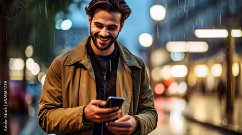 Happy man looking at his mobile in the street of a city. ia generate