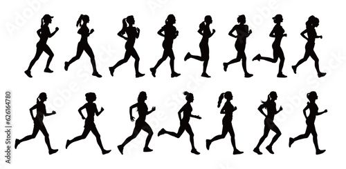 Running women silhouettes isolated on white background . Big set of female sprinter vector illustration