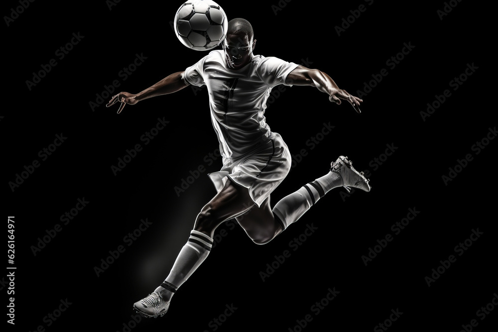 soccer player in mid air kicking ball on a black background . AI Generated