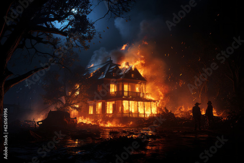 A burning house sitting on fire by the dark night. AI Generated