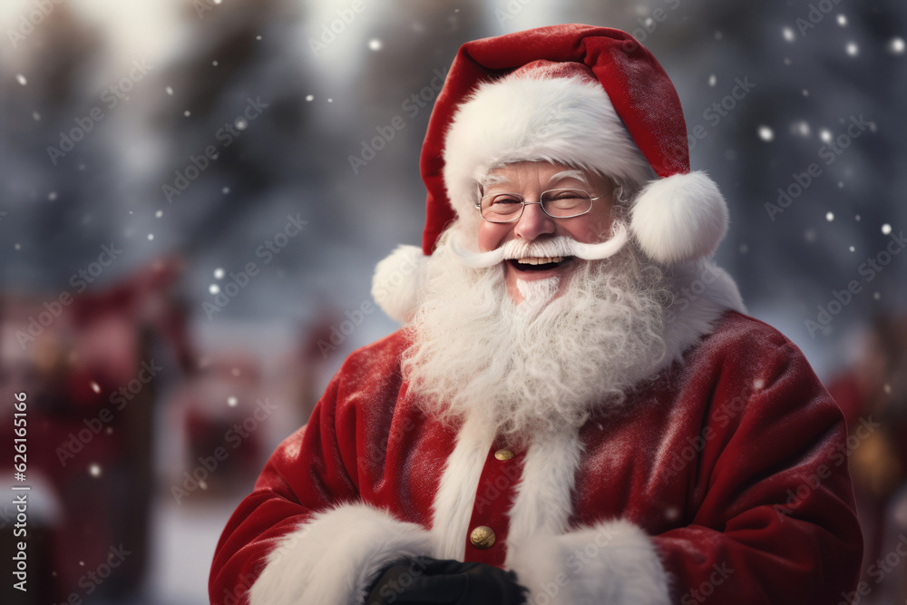 a happy and cheerful Santa Claus standing by a sleighs in North Pole.. AI Generated a happy and cheerful Santa Claus standing by a sleighs in North Pole.. AI Generated