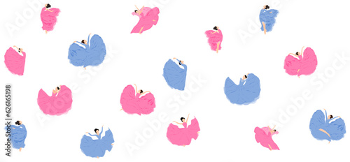Dancers in pink and blue gown patterns.