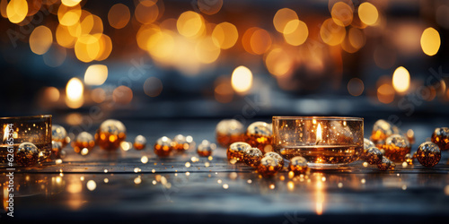 bokeh background with gold lights on a table . AI Generated
