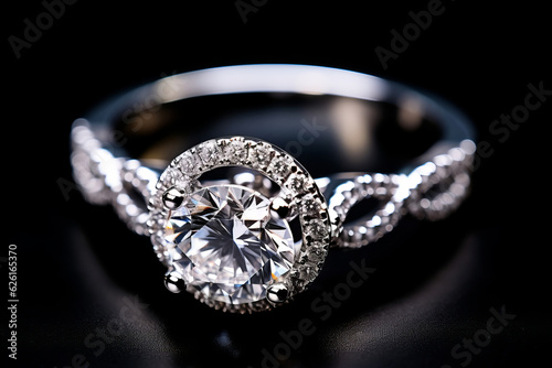 catalogue photo closeup of wedding ring made of white gold, black background . AI Generated