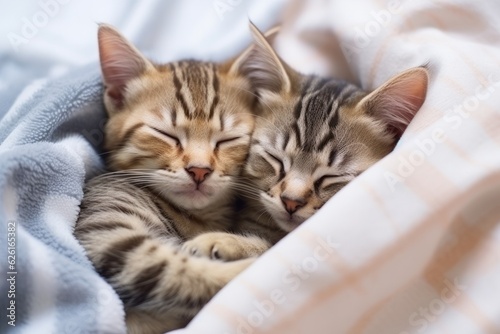 Top view of two small striped domestic kittens hugging and sleeping in the plaid. Generative AI 