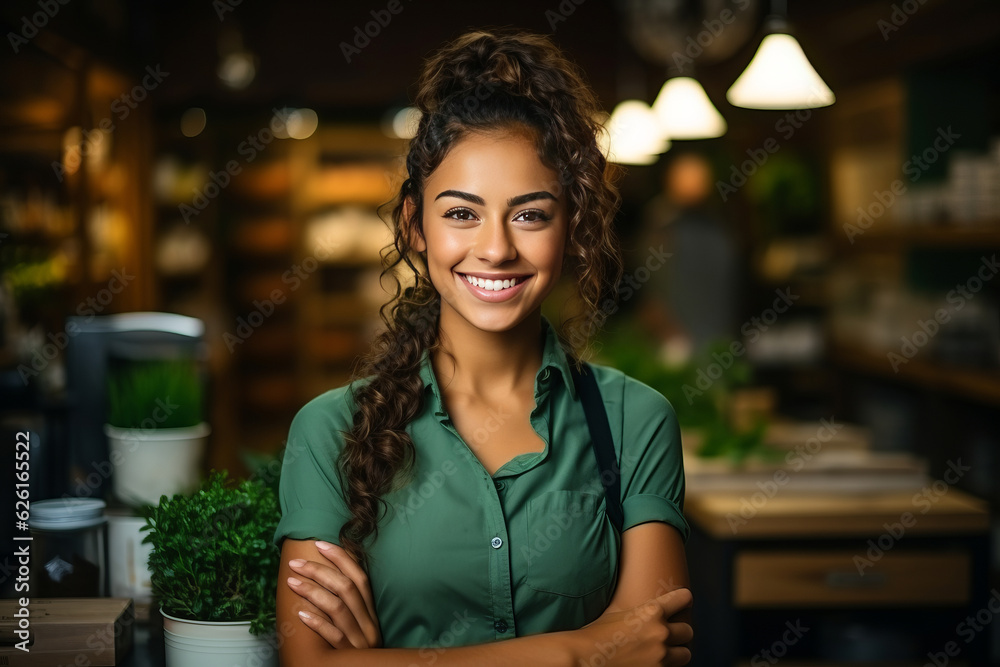 Happy female store owner at cafe or grocery with arms crossed. AI Generated
