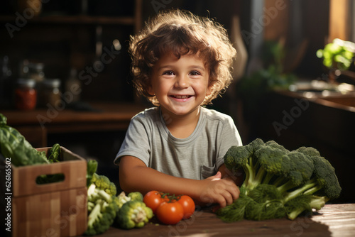Happy child looking at box full of vegetables on kitchen table. AI Generated