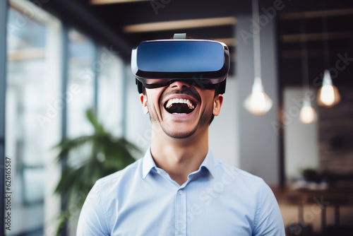 Portrait of smiling man wearing Virtual Reality glasses. AI Generated © wolfhound911