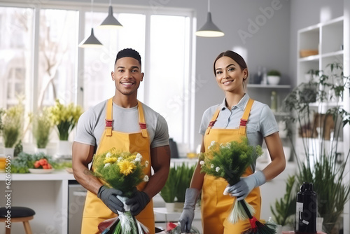 Professional mixed race janitors in uniform doing spring cleaning of modern house. AI Generated