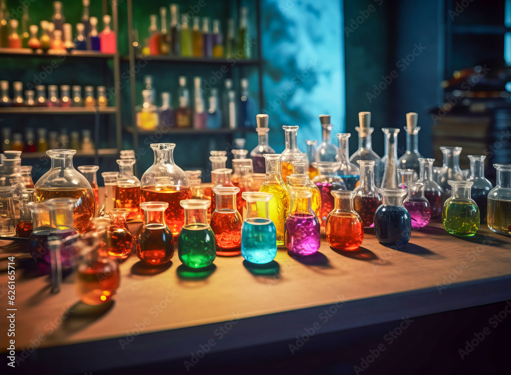 View of table in chemical laboratory full of chemical glass and different colored liquids View of table in chemical laboratory full of chemical glass and different colored liquids
