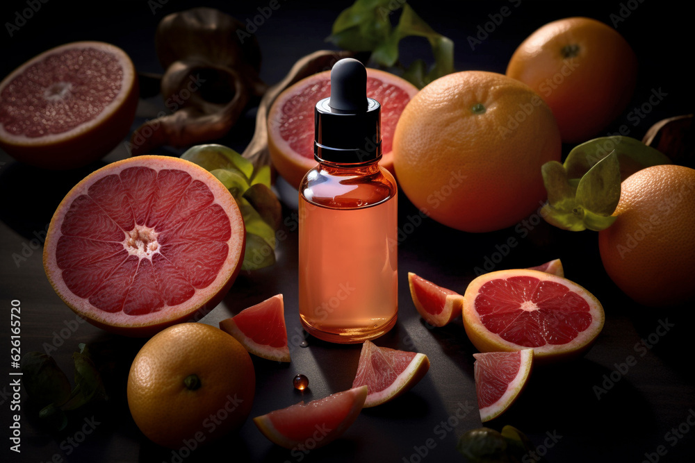 Vitamin C skin care serum surrounded by grapefruit fruits. Vitamin C skin care serum surrounded by grapefruit fruits.