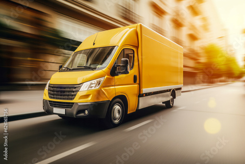 Yellow van driving down road between houses