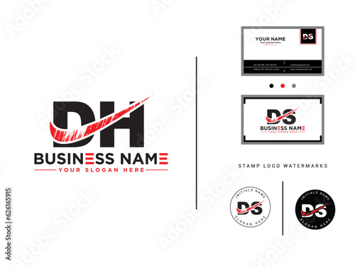 Stylish Brush Letter dh Logo Icon, Creative dh Logo Design With Business Card
