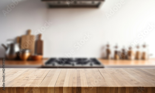 Beautiful empty brown wooden table top and blurred defocused modern kitchen interior background with daylight flare, product montage display. generative ai