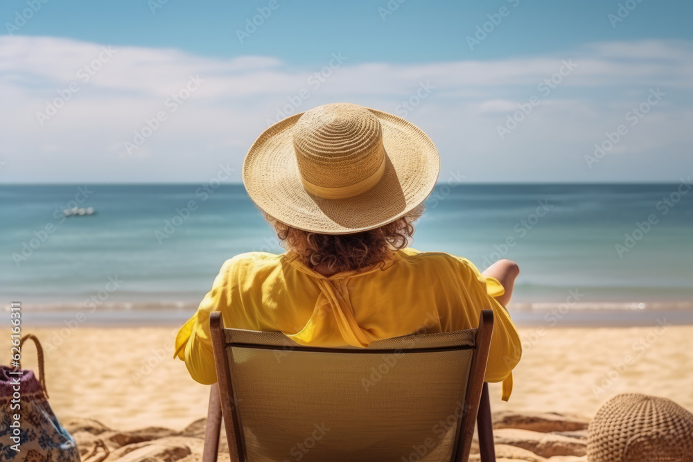 A fat woman enjoys her vacation. relaxing on the beach, In background beach and sea. AI Generated