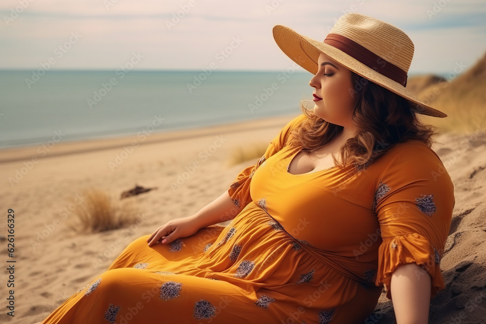 A very fat woman enjoys her vacation. relaxing on beach, In background