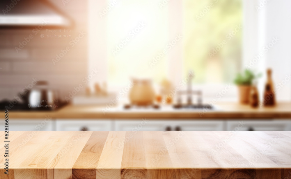 Beautiful empty brown wooden table top and blurred defocused modern kitchen interior background with daylight flare, product montage display. generative ai Beautiful empty brown wooden table top and blurred defocused modern kitchen interior background with daylight flare, product montage display. generative ai