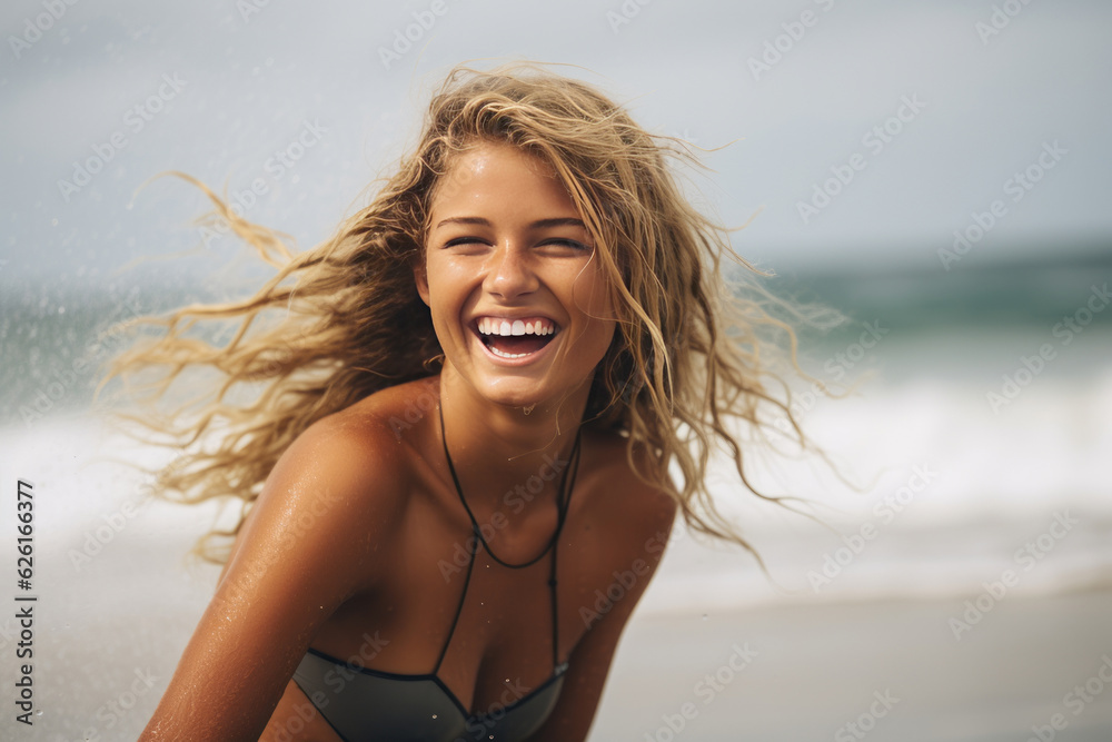 Adventurous female surfer having fun at the beach in summer. AI Generated Adventurous female surfer having fun at the beach in summer. AI Generated
