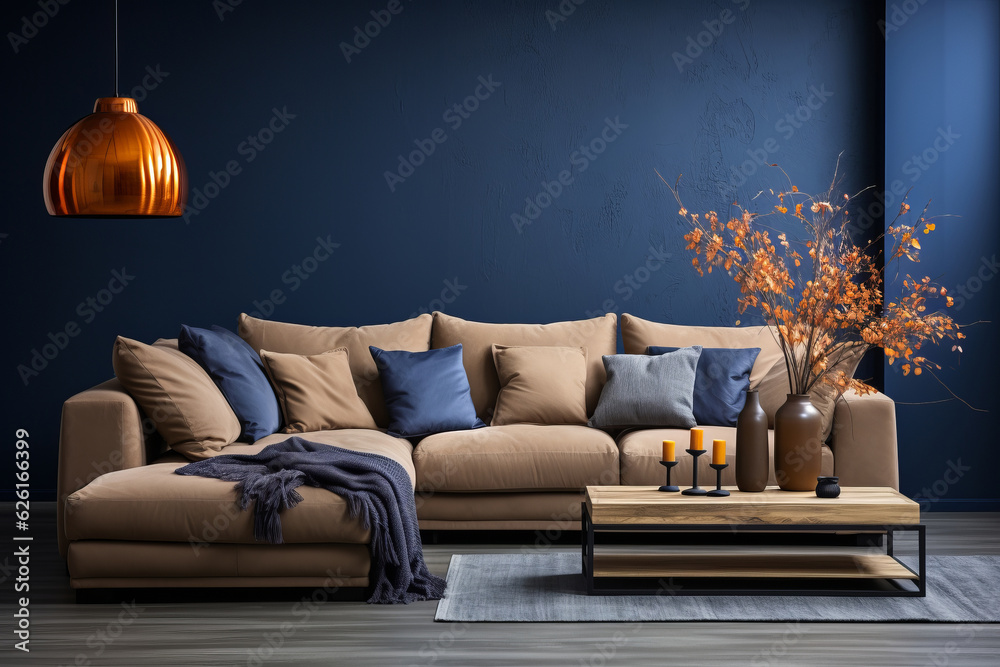 Beige corner sofa in room with dark blue walls. Interior design of
