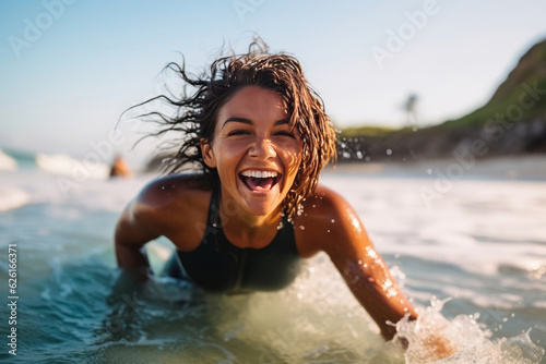 Adventurous female surfer having fun at the beach in summer. AI Generated