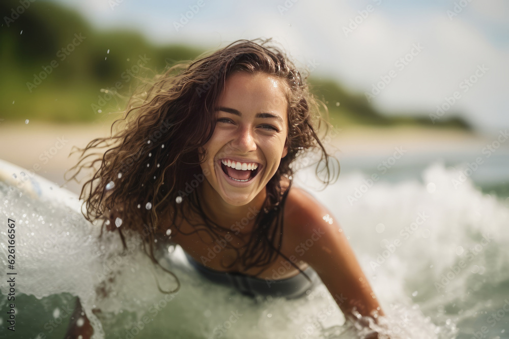 Obraz premium Adventurous female surfer having fun at the beach in summer. AI Generated