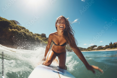 Adventurous female surfer having fun at the beach in summer. AI Generated © wolfhound911