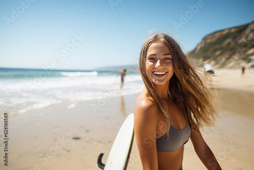 Adventurous female surfer having fun at the beach in summer. AI Generated