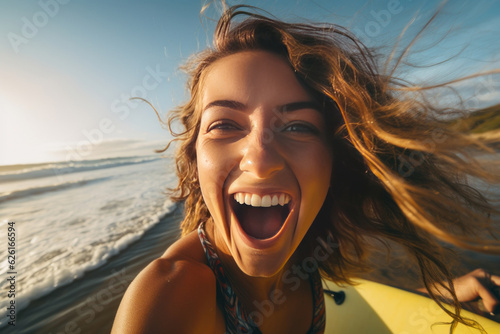 Adventurous female surfer having fun at the beach in summer. AI Generated