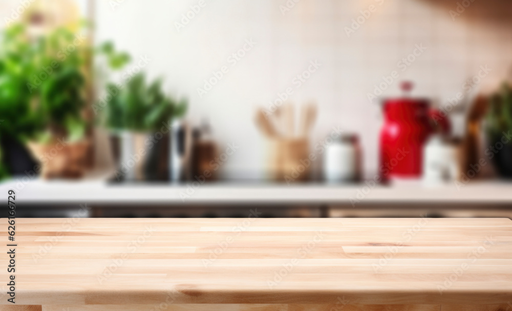 Beautiful empty brown wooden table top and blurred defocused modern kitchen interior background with daylight flare, product montage display. generative ai Beautiful empty brown wooden table top and blurred defocused modern kitchen interior background with daylight flare, product montage display. generative ai