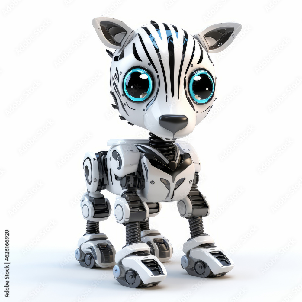 Cute zebra robot, robotic animal isolated over white background. AI Generated