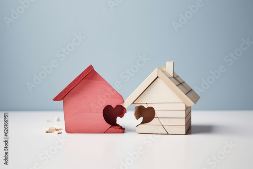 Divorce, division of property, poverty. Wooden broken house on light background. AI Generated photo