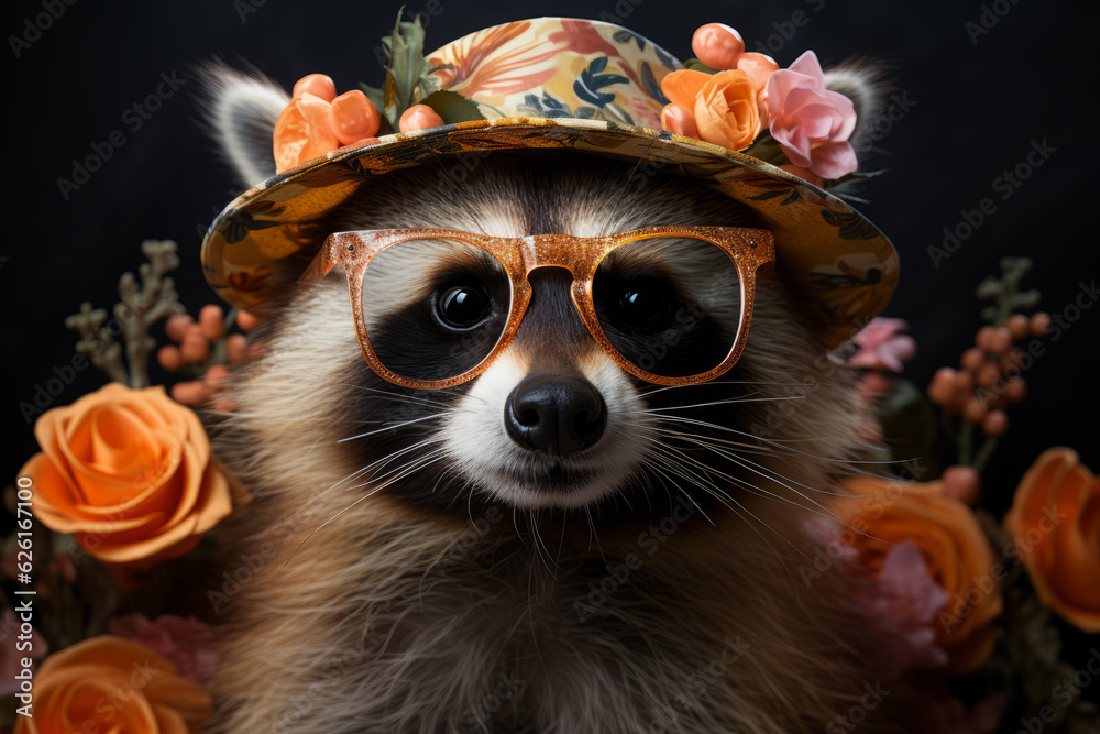 Funny party raccoon wearing colorful summer hat and stylish sunglasses. AI Generated