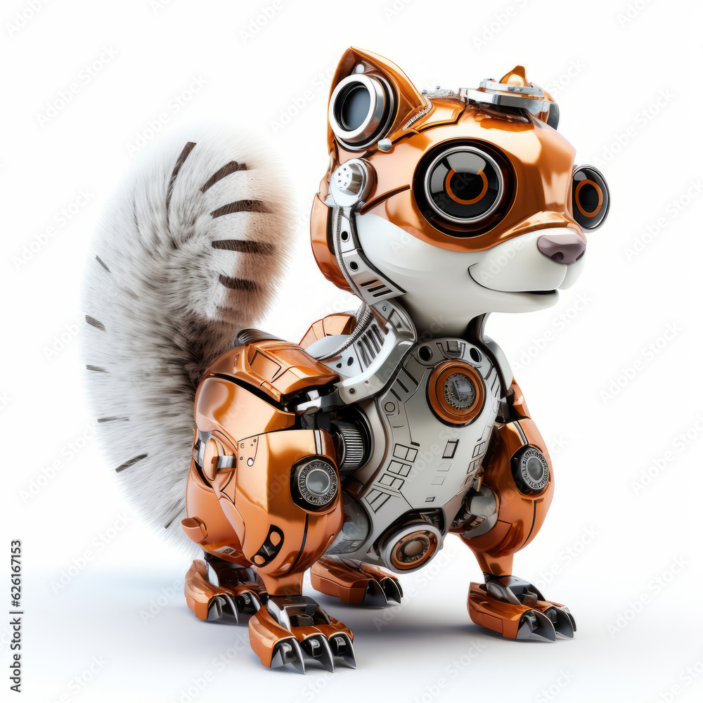Funny squirrel robot, robotic animal isolated over white background. AI Generated Funny squirrel robot, robotic animal isolated over white background. AI Generated