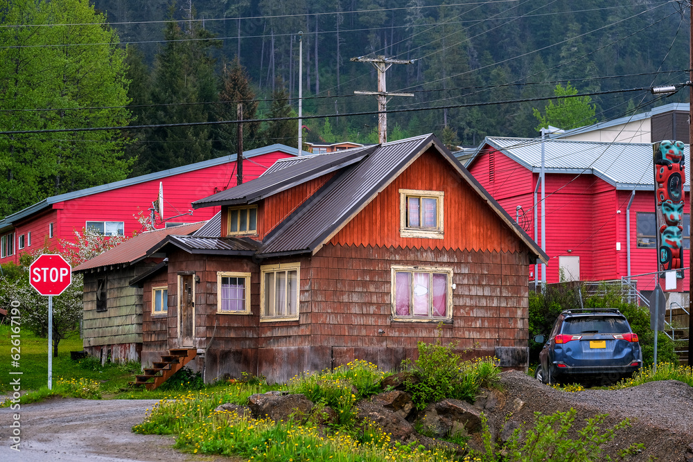Street city view with wooden houses, shops, cars and mountain