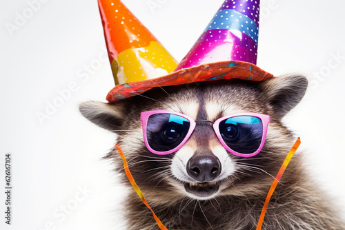 Funny party raccoon wearing colorful summer hat and stylish sunglasses isolated over white background. AI Generated
