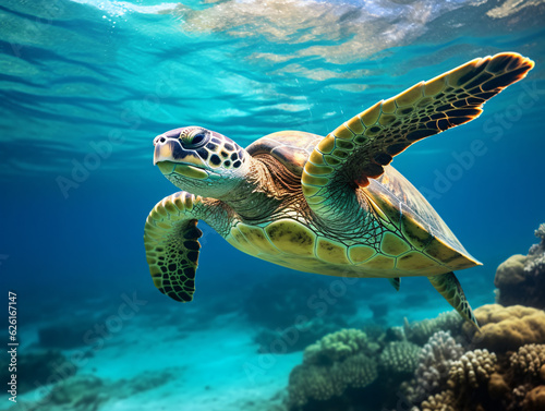 In the crystal-clear waters, a vibrant green sea turtle gracefully swims amidst a colorful coral reef Generative ai © Sara_P