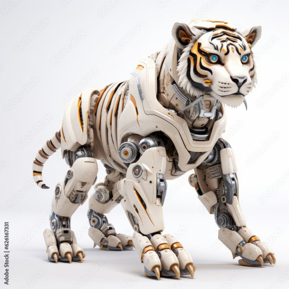 Cute tiger robot, robotic animal isolated over white background. AI Generated Cute tiger robot, robotic animal isolated over white background. AI Generated
