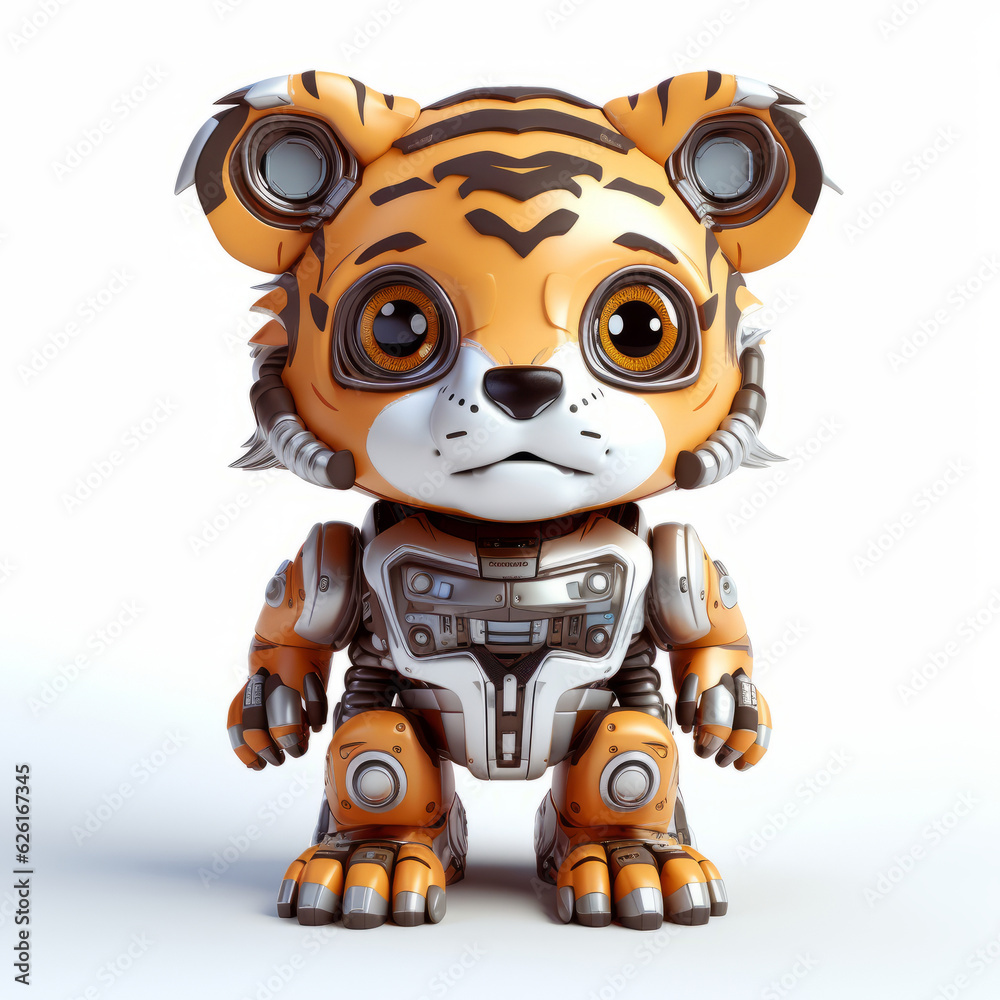 Cute tiger robot, robotic animal isolated over white background. AI Generated Cute tiger robot, robotic animal isolated over white background. AI Generated