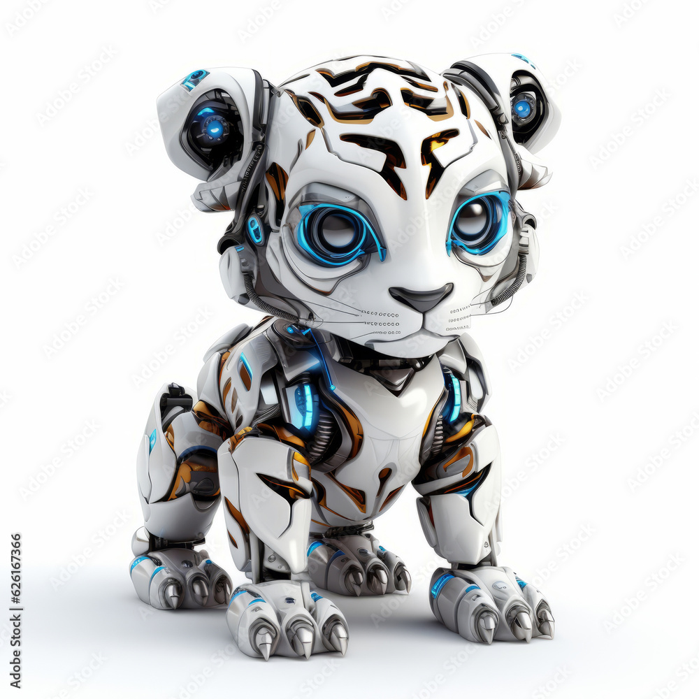 Cute tiger robot, robotic animal isolated over white background. AI Generated Cute tiger robot, robotic animal isolated over white background. AI Generated