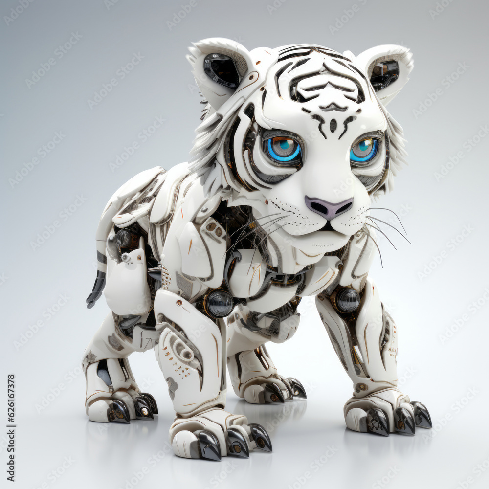 Cute white tiger robot, robotic animal isolated over white background. AI Generated Cute white tiger robot, robotic animal isolated over white background. AI Generated
