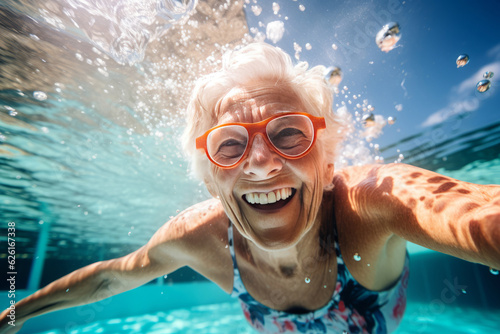 Healthy senior woman swimming under water in public pool. AI Generated