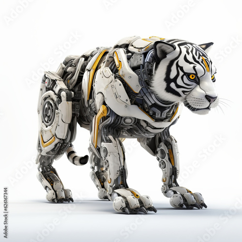 Cute tiger robot, robotic animal isolated over white background. AI Generated © wolfhound911