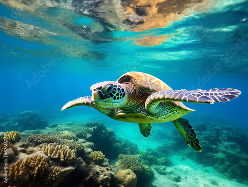 In the crystal-clear waters, a vibrant green sea turtle gracefully swims amidst a colorful coral reef Generative ai © Sara_P