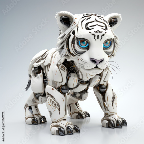 Cute white tiger robot  robotic animal isolated over white background. AI Generated
