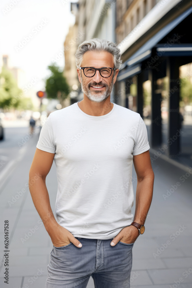 Portrait of an handsome mature man in casual attire on a city street. AI Generated Portrait of an handsome mature man in casual attire on a city street. AI Generated