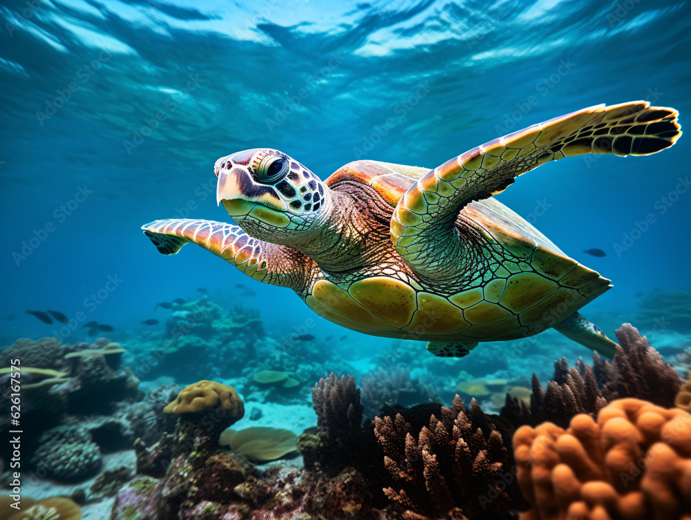 Obraz premium In the crystal-clear waters, a vibrant green sea turtle gracefully swims amidst a colorful coral reef Generative ai
