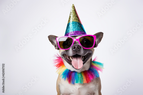Funny party dog wearing colorful summer hat and stylish sunglasses. white background. AI Generated photo