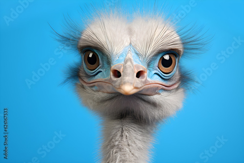 portrait of an ostrich on blue background