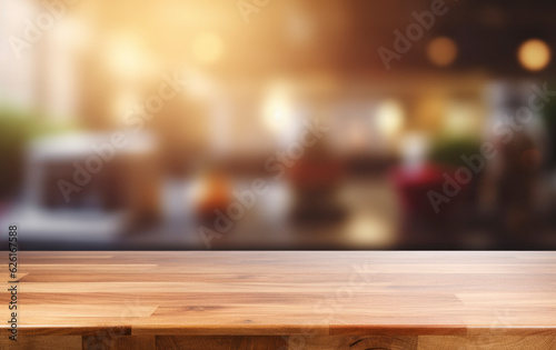 Beautiful empty brown wooden table top and blurred defocused modern kitchen interior background with daylight flare, product montage display. generative ai